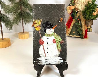 Slate with Hand Painted Snowman Wall Hanging, Signed by Artist