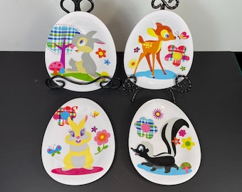 Disney Easter Plates with Bambi, Flower, Thumper and Miss Bunny, Set of 4 Melamine Egg Shaped Plates
