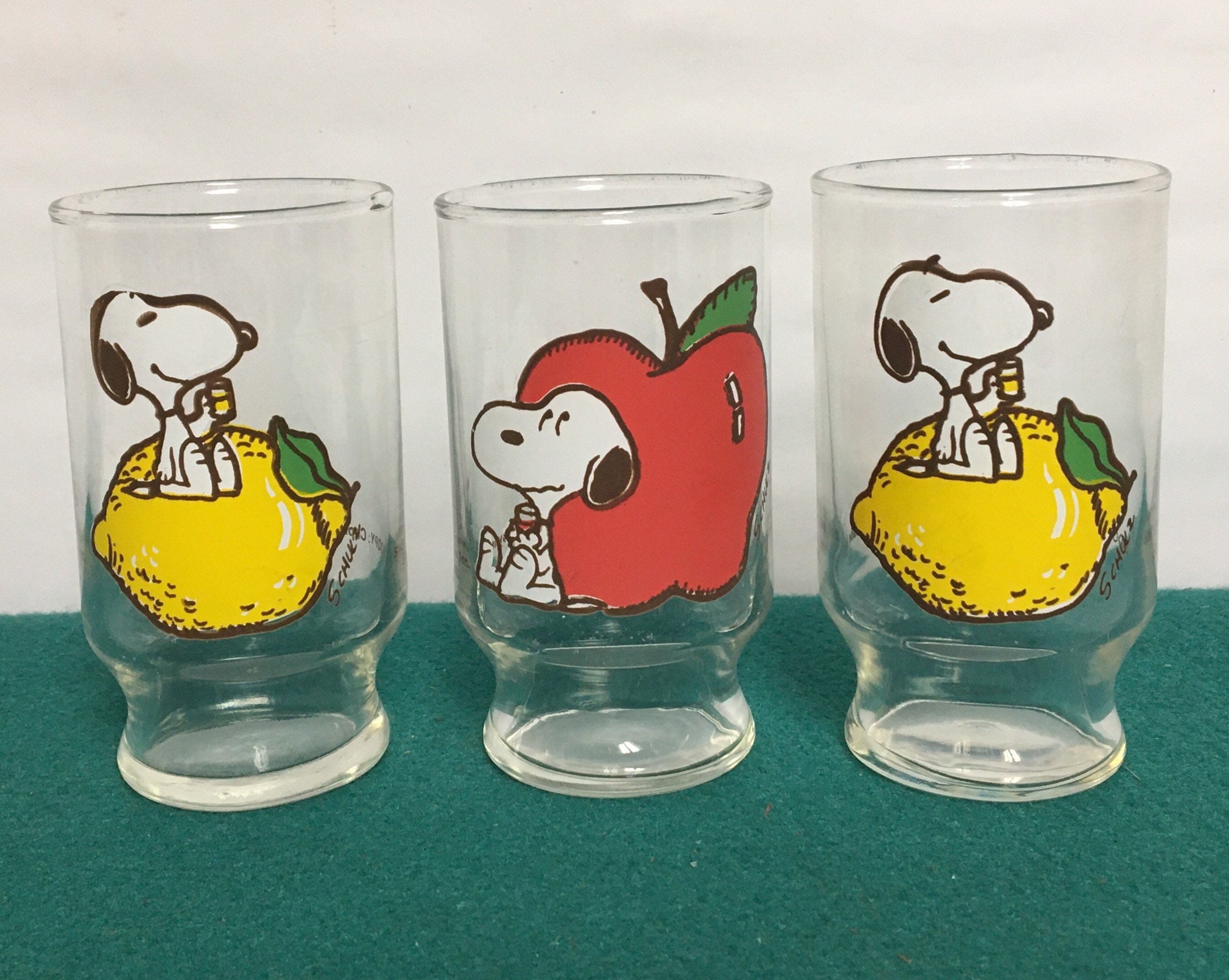 Snoopy Juice Glasses With Lemon and Apple, Peanuts Set of Three (3) Mid Small Glasses, Mid