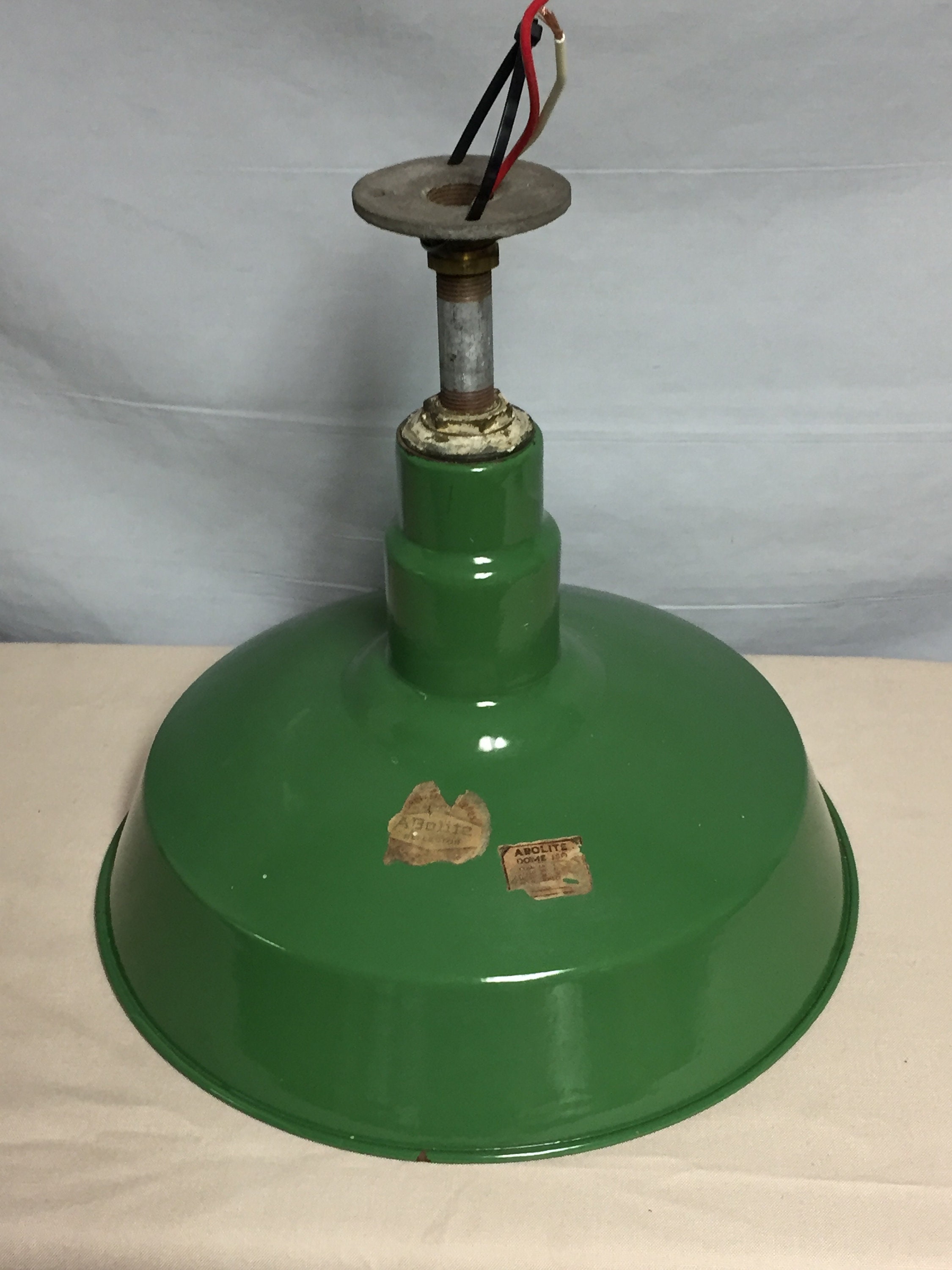 Original Green Industrial Porcelain Hanging Pendant Light, 14 ABOLITE 150 Dome Barn Light