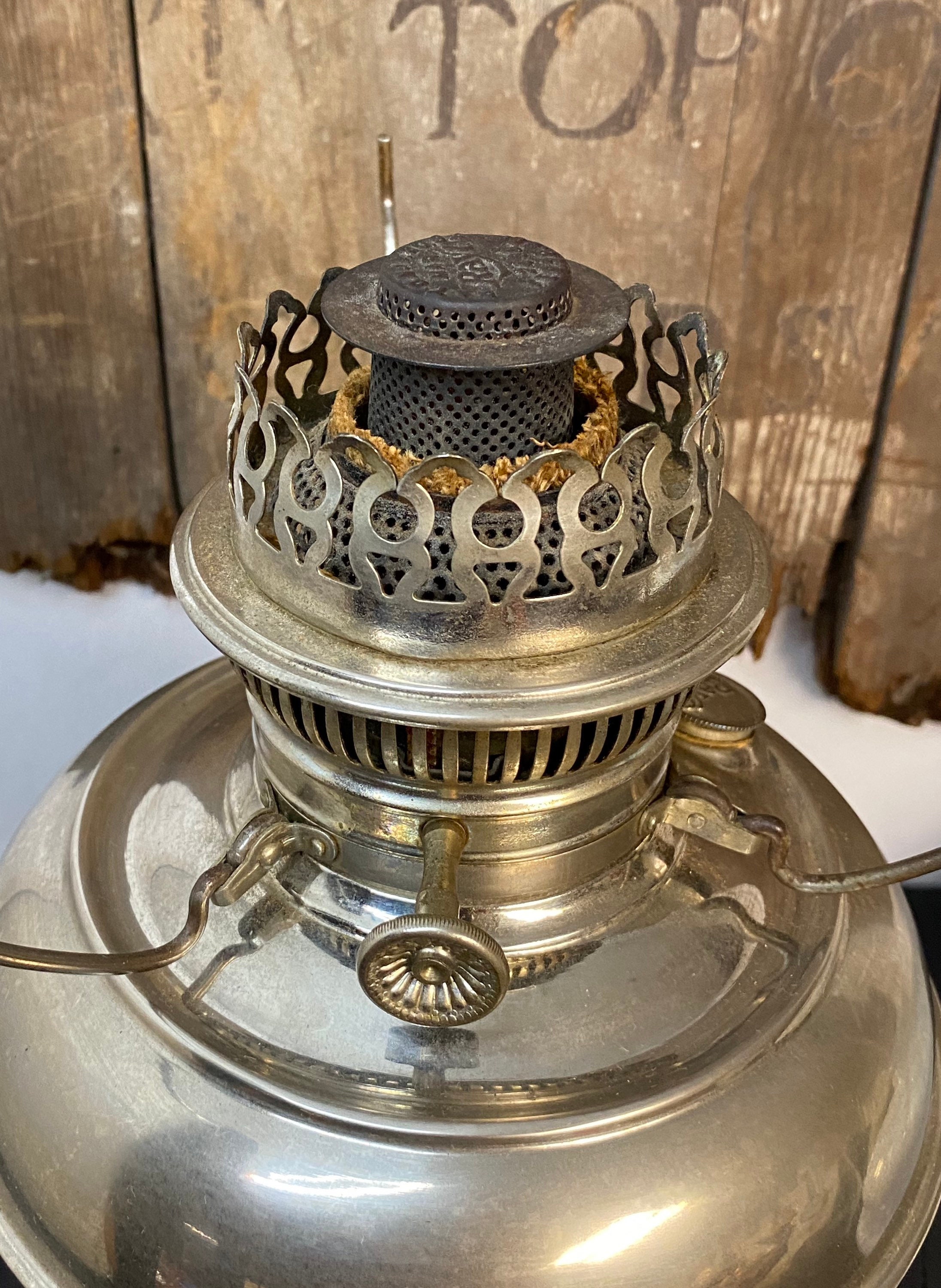 Vintage RAYO Nickel Plated Oil Hurricane Lamp with Aladdin Milk Glass Shade