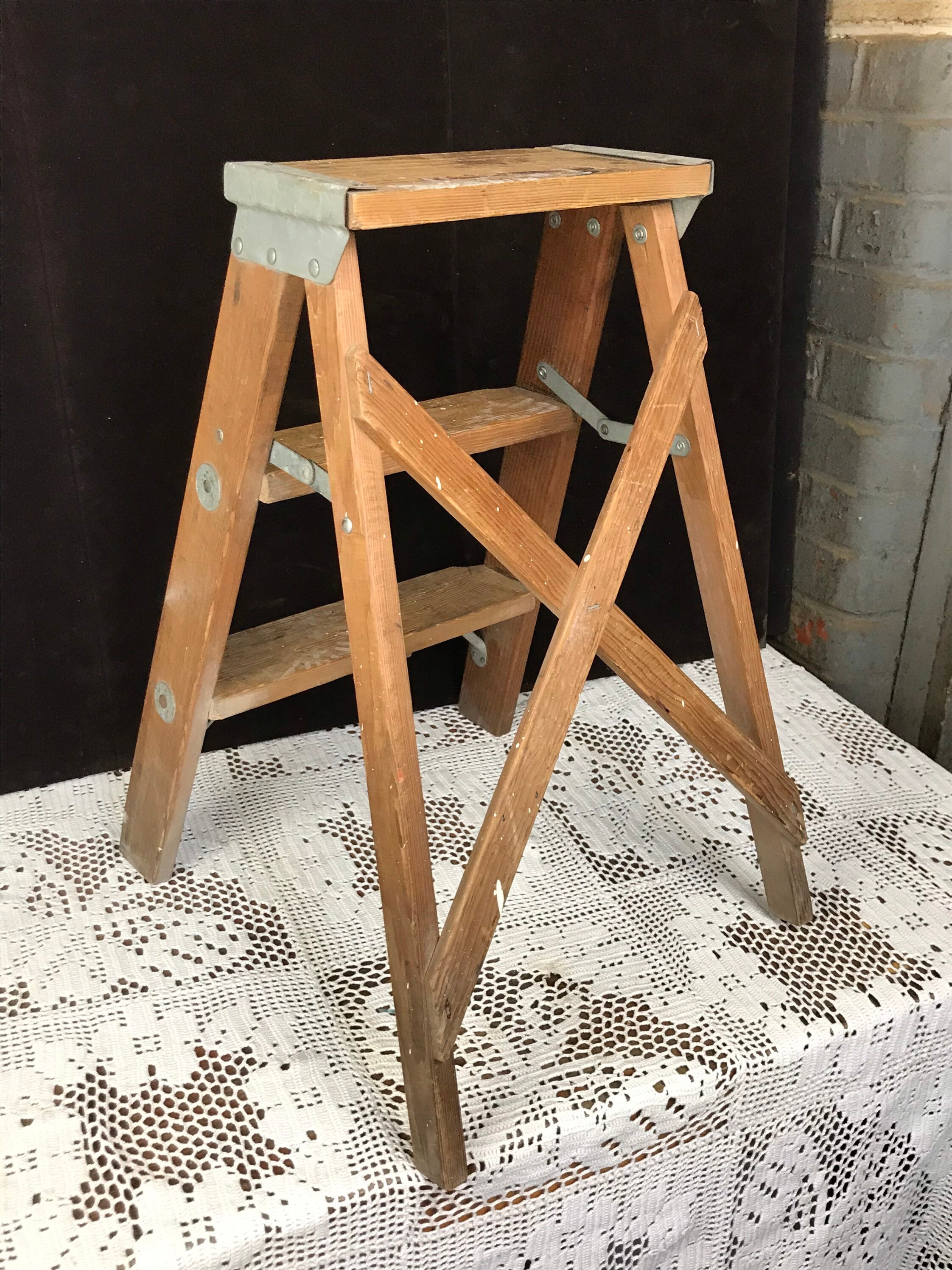 Vintage Old Wood Step Ladder - distressed with paint splatter