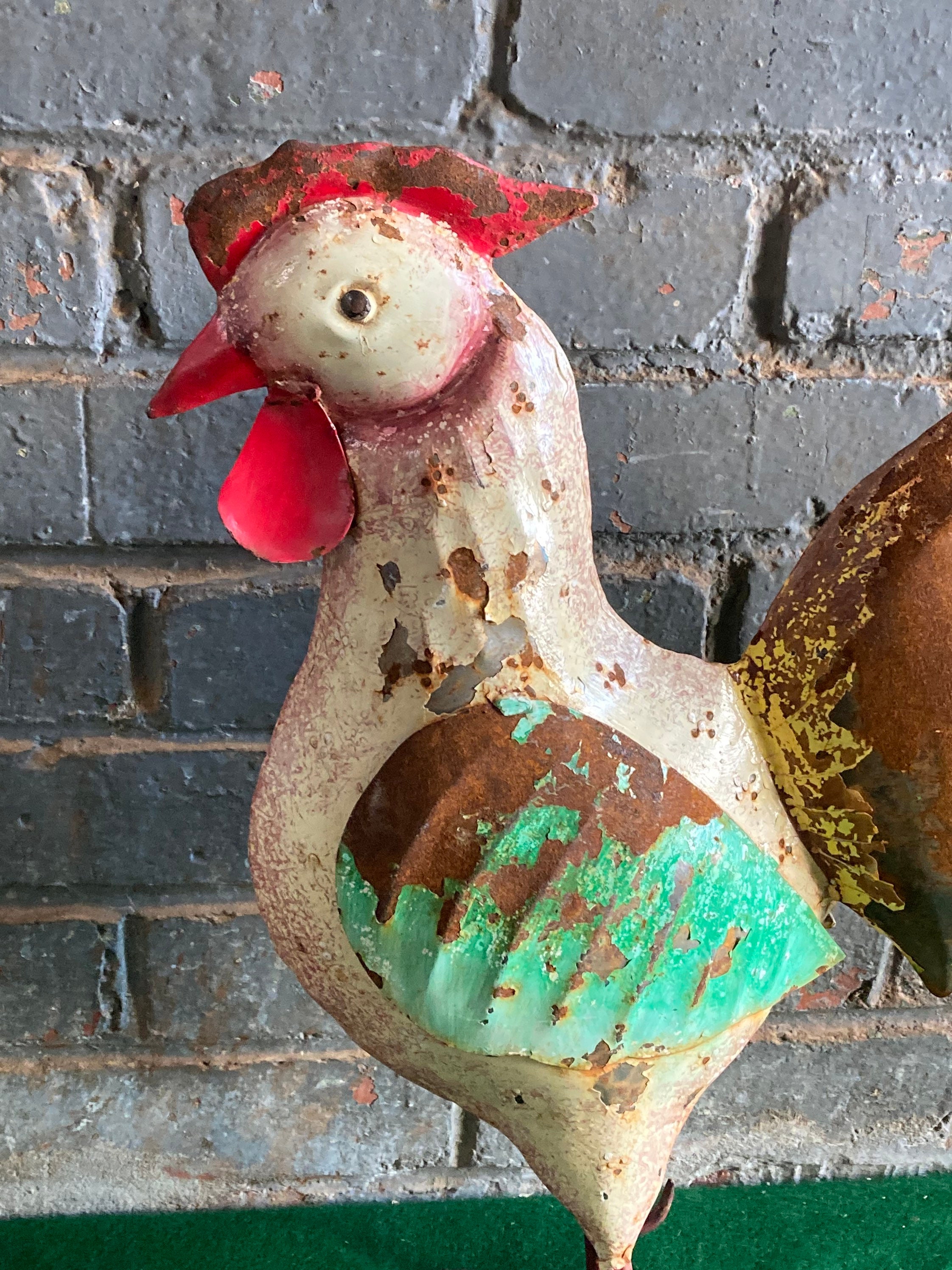 Vintage Hand Painted Metal Rooster, 18 Tin Sculpture Yard Art, Folk Art