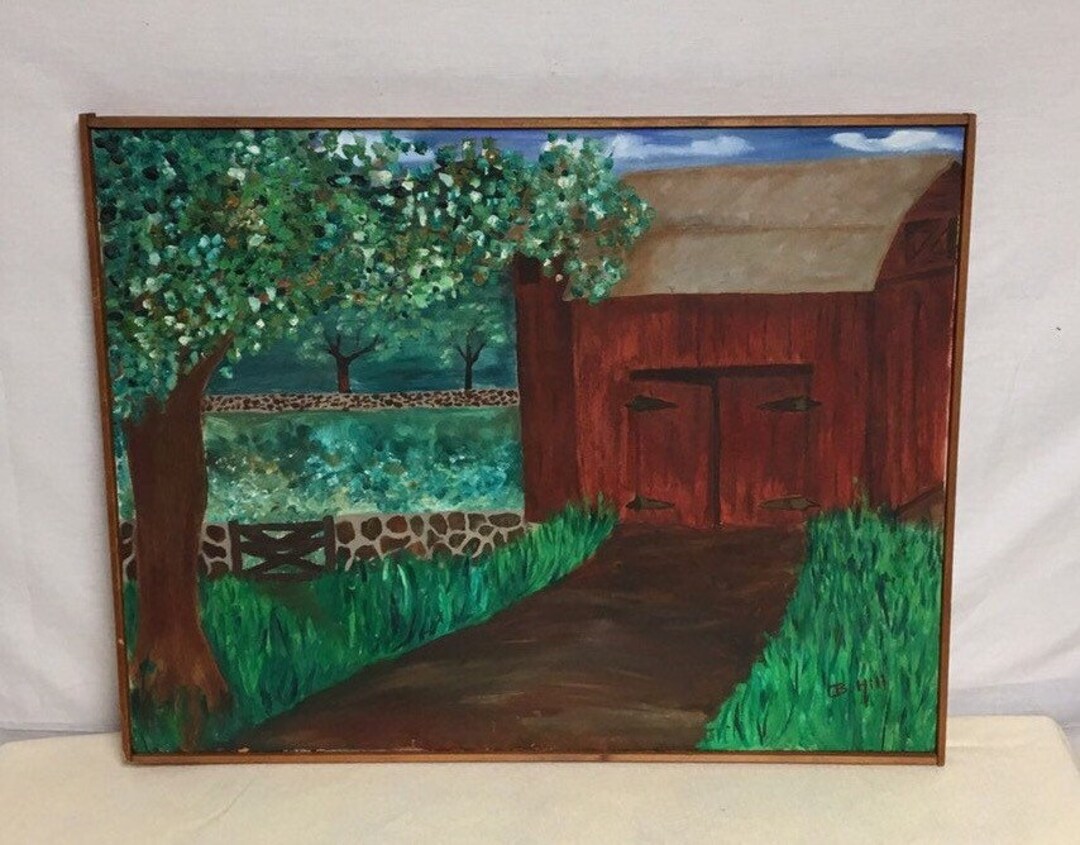 Red Barn Oil Painting on Canvas, Painting Signed B. Hill, Beverly Hill