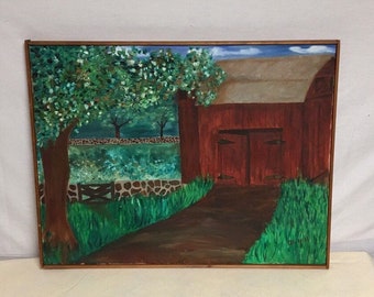 Red Barn Oil Painting on Canvas, Painting Signed B. Hill, Beverly Hill 1967, Vintage Farm Painting