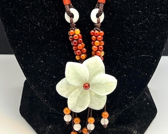 Carved Jade Flower Necklace on Knotted Silk Cord