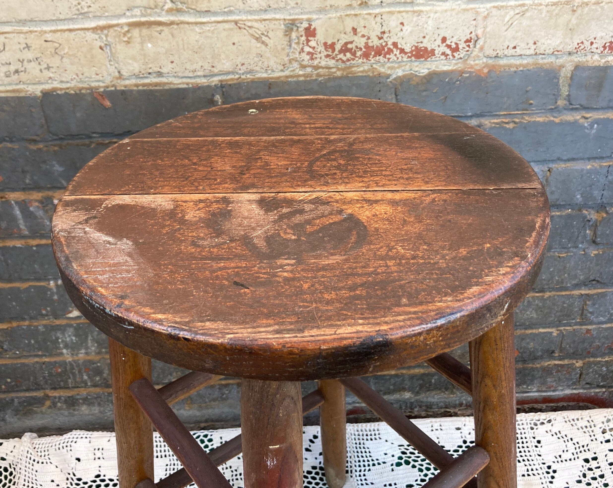 1960’s Shabby Wooden Farm Stool with Round Seat, Primitive Oak Farmhouse Stool