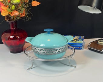 Vintage Prizer Ware RC1, Turquoise Enamel Cast Iron Pot with Metal Stand