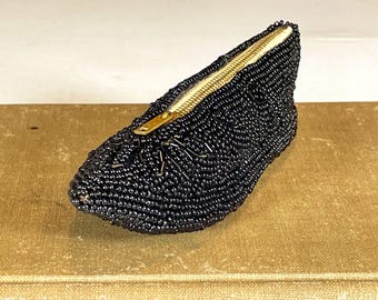 Black Beaded Slipper Shoe Shaped Coin Purse, Zippered Change Purse, Made in Japan