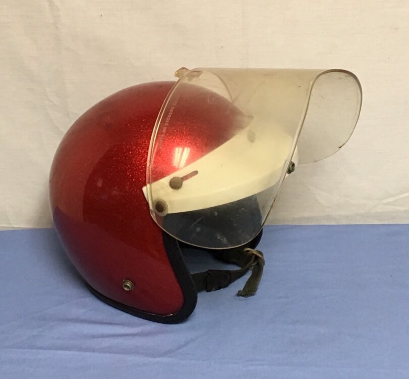 Royal Grant 1970's Red Glitter Motorcycle Helmet, Red Metallic Sparkle Open Face Helmet with