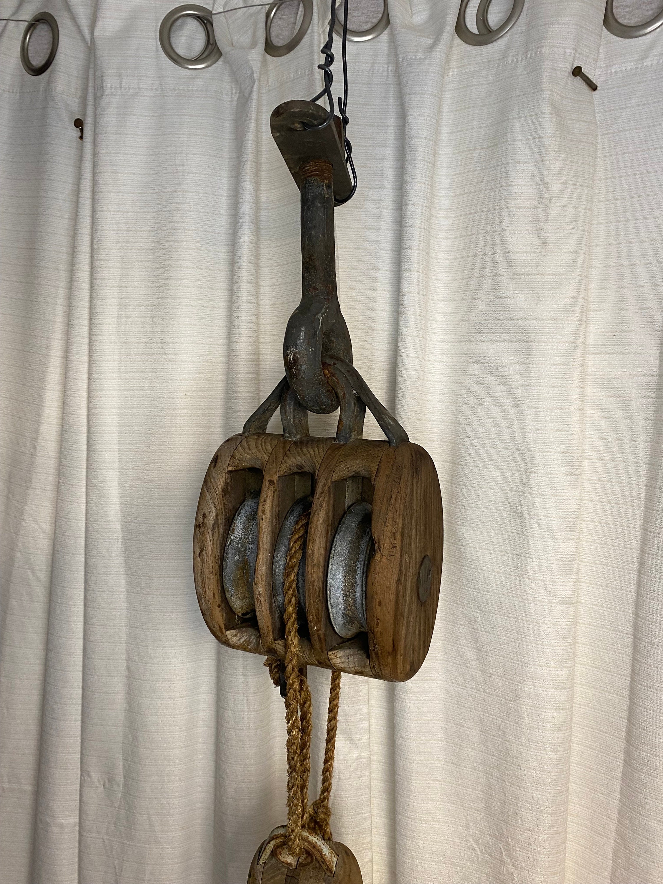 Vintage Wooden Triple Pulley with 2 Small Pulleys and Rope, Block and Tackle, Nautical Salvage
