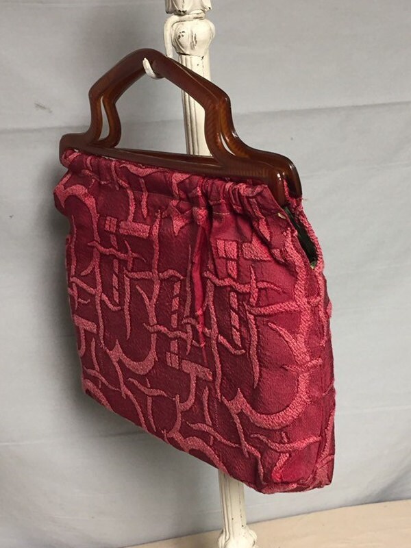 Red Fabric Handbag, Knitting Purse, Handmade Red Bag with Plastic Handles