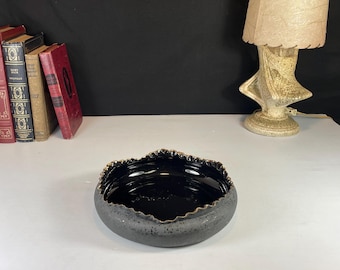 Black Pottery, Shallow Bowl, Planter with Ruffled Edge