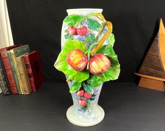 French Barbotine Majolica Vase, Ceramic Urn Vase with Applied Fruit, 15-1/2" tall