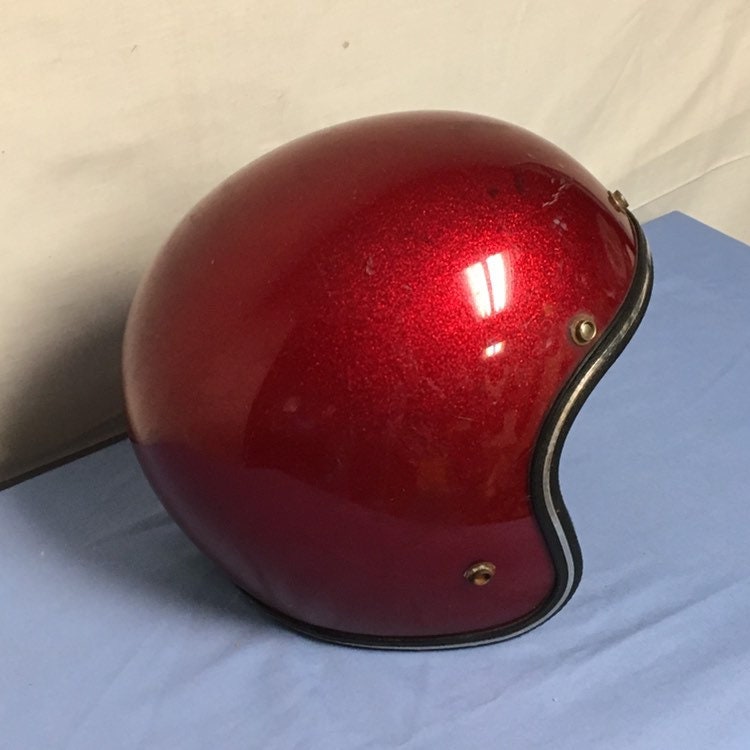 Royal Grant 1970's Red Glitter Motorcycle Helmet, Red Metallic Sparkle Open Face Helmet with