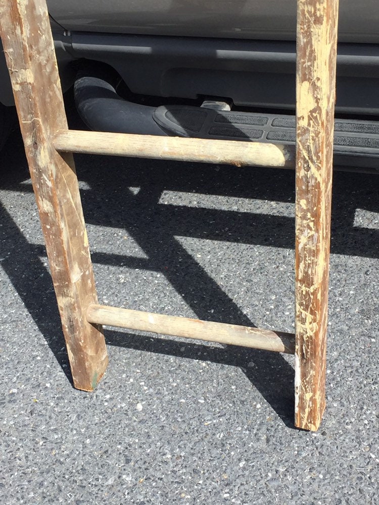 Antique 52 Wooden Blanket Ladder with Chippy Paint Splatter, Old