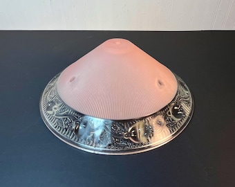 Antique 1930's Pink Cased Embossed Glass Ceiling Light Shade For 3 Chain Fixture