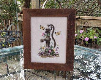 Finished Cross Stitch, Hand Water Pump with Butterflies and Flowers, Handcrafted, Framed Counted Cross Stitch, Garden Cross Stitch