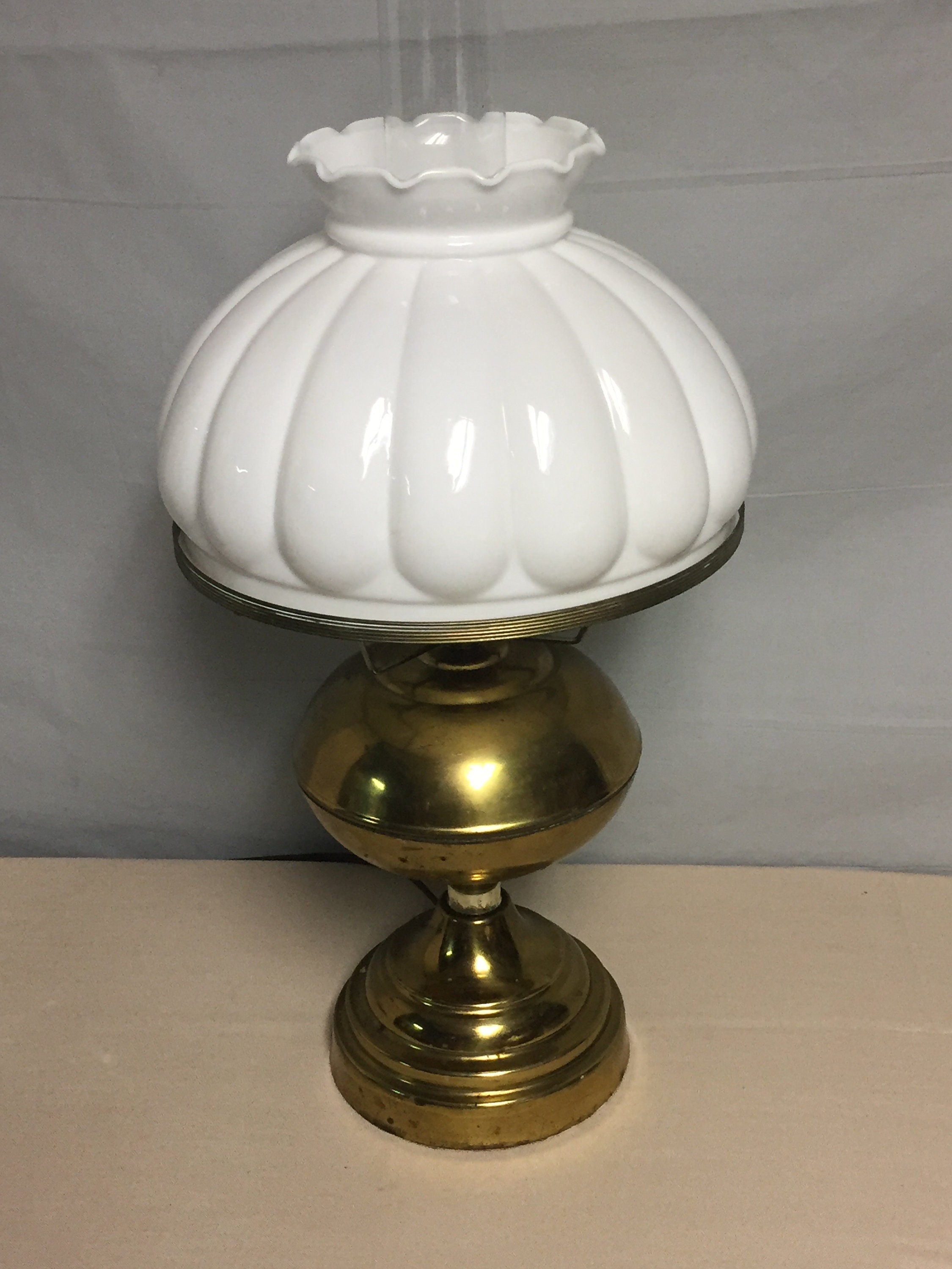 Vintage Brass Tone Oil Style Electric Hurricane Lamp with Fluted Milk