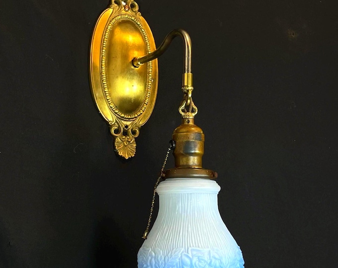 Featured listing image: 1920's Brass Electric Wall Sconce w/ Blue Embossed Floral Glass Shade, Victorian, Art Nouveau