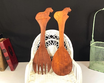 Wood Spoon and Fork with Hand Carved Lions, Salad Utensils
