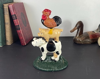 Whimsical, Chicken Pig Cow Cast Iron Doorstop, Barnyard Animal Bookend