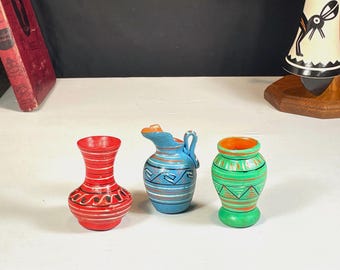 Mini Mexican Pottery Vases, Set of 3, Hand Painted in Red, Green and Blue