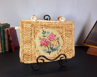 Woven Straw Handbag with Needlepoint Rose Center