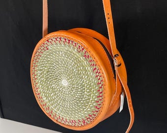 10,000 Woven Theta Grass Handbag with Leather Strap, Round, Crossbody Purse, Made in Africa