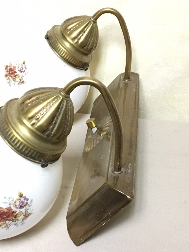 Double Arm Wall Sconce, MCM Vanity Light Fixture, Painted Floral Glass