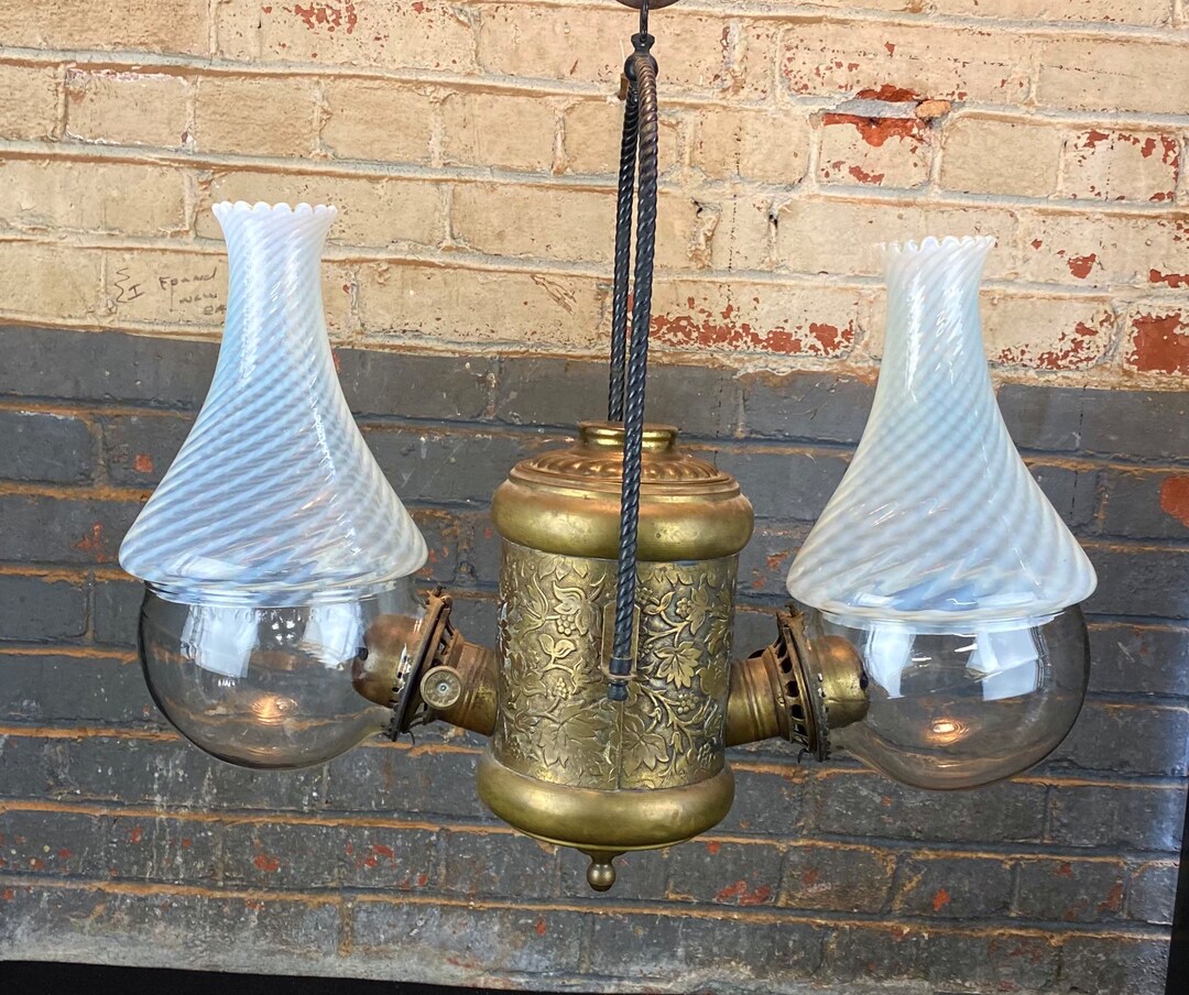 Antique Angle Lamp Co. NY Brass Two Arm Hanging Oil Kerosene Etsy