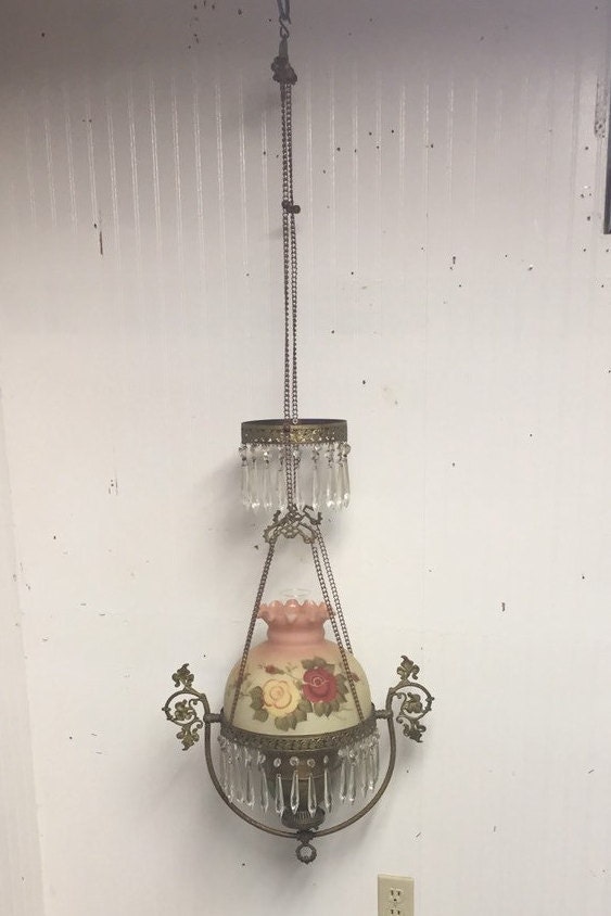 Antique Victorian Hanging Oil Lamp w/ Duplex Burner and Hand Painted