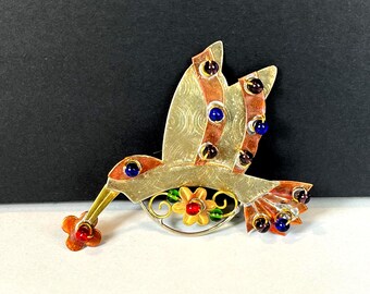 Mixed Metal Hummingbird Brooch with Glass Beads, Artisan Pin
