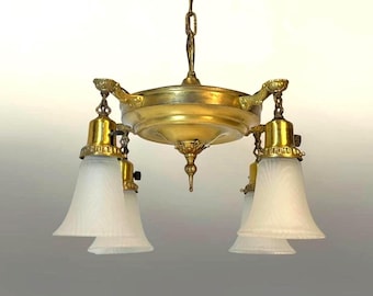 1920's Brass 4 Arm Chandelier Ceiling Light Fixture, Victorian Pan Light: Rewired