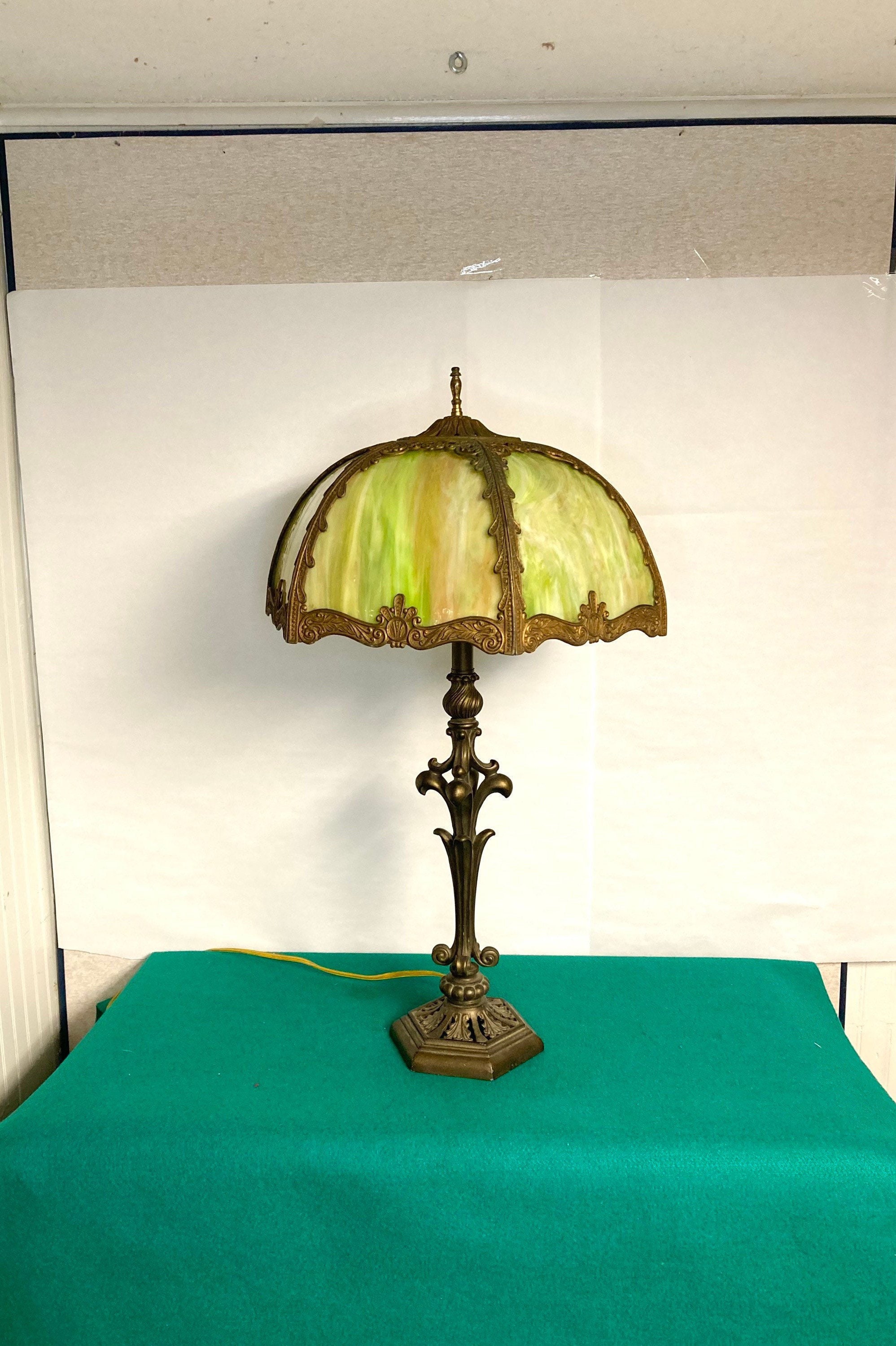 Antique Green Bent Slag Glass Table Lamp
