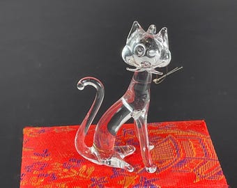 Art Glass Cat Ornament, Hand Blown Glass Cat, Sitting with Tail Up