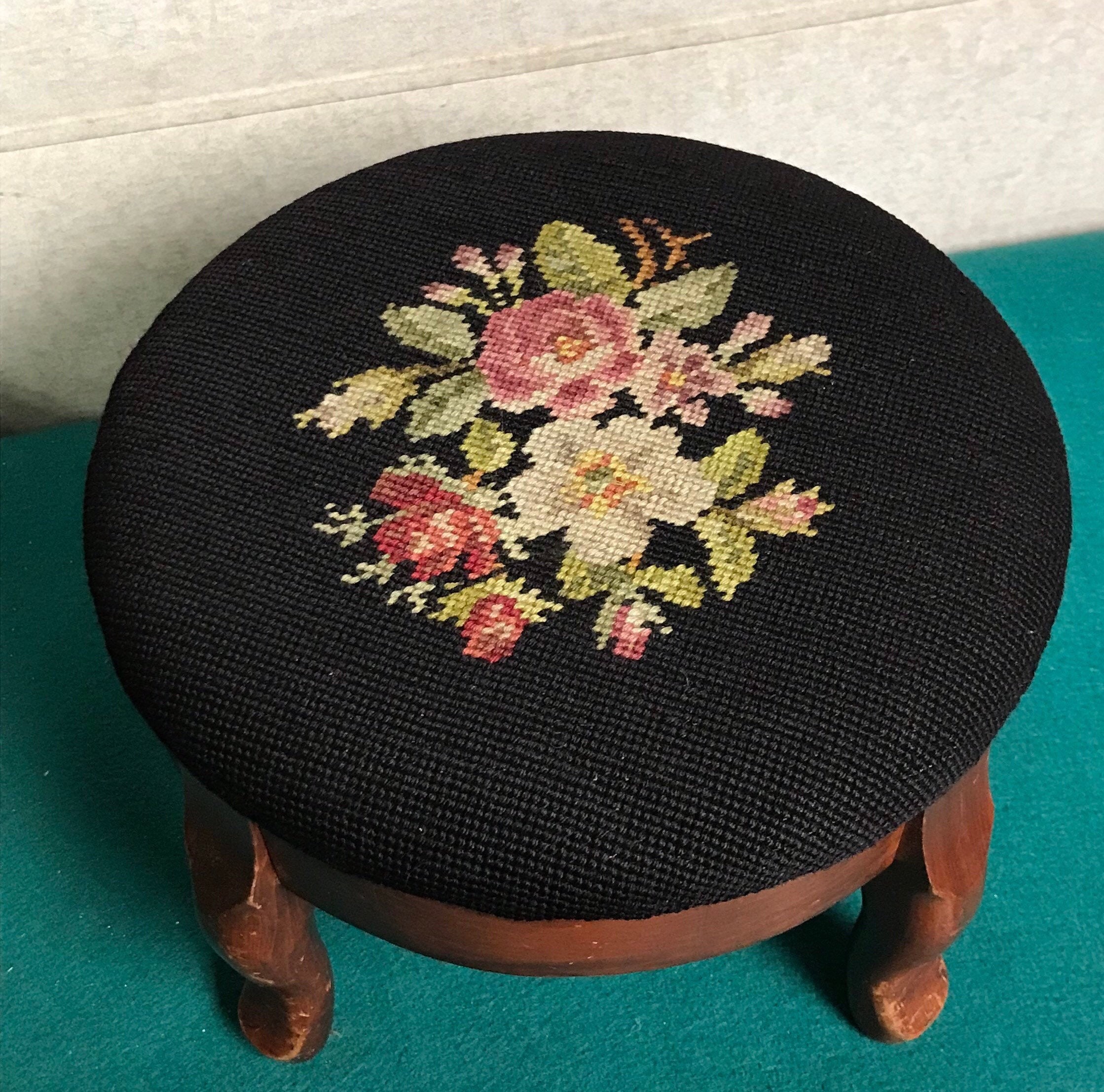 Round Victorian Needlepoint Footstool With Wood Base and Queen Anne