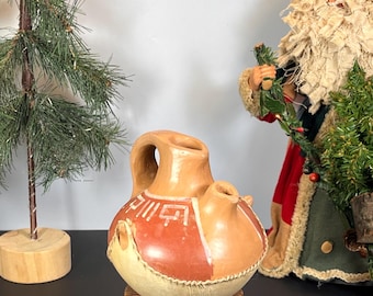 Handcrafted Chilean Pottery, Double Spout Pitcher with Leather Covered Bottom