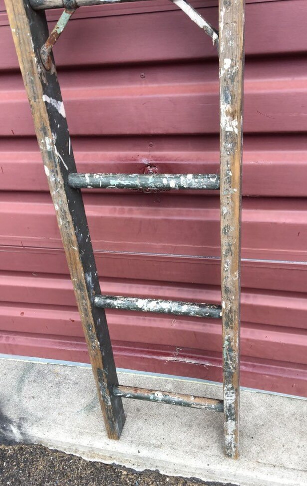 Antique 54 Green Wooden Blanket Ladder with Unusual Hardware and Chippy