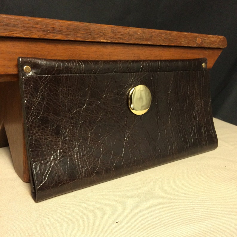 Moss Mills, Brown Leather, Fold Over Clutch, Purse, with Large Gold Stud and Small Gold Studs, Handmade Purse, Elegant Clutch image 2