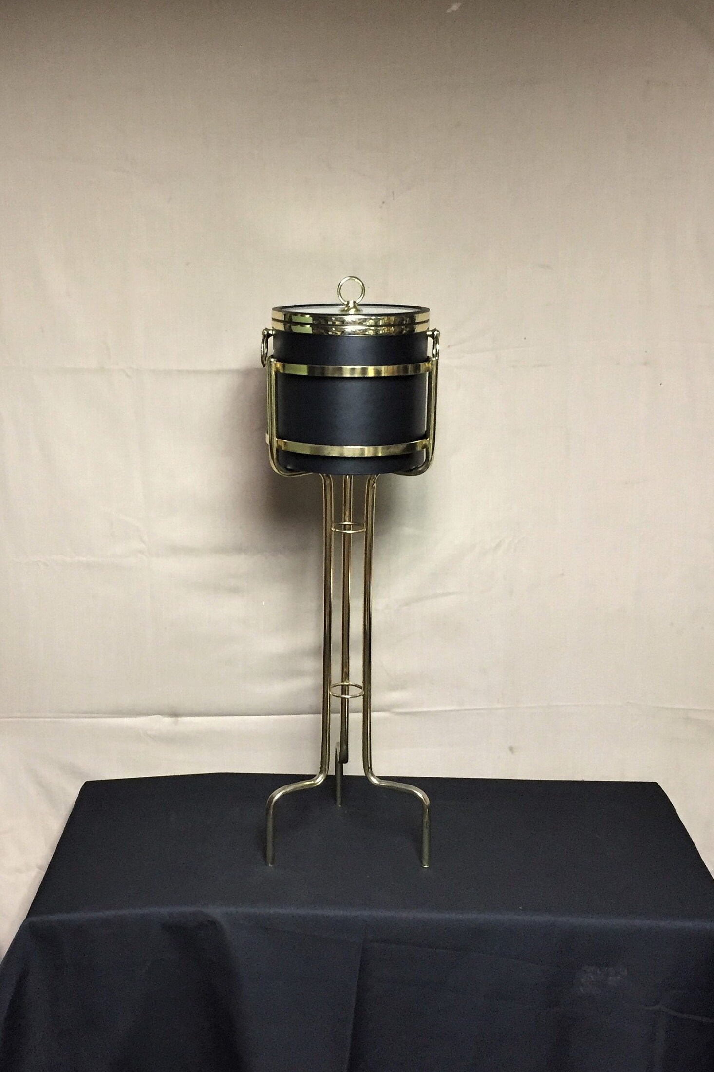 Black Vinyl Ice Bucket with Gold Tone Stand, Drulane Towle Company, Made in U.S.A., Mid Century