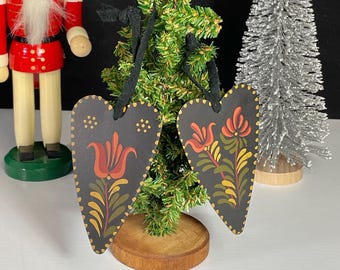 Hand Painted Metal Heart Ornaments, German, Pennsylvania Dutch Folk Art, Bauernmalerei, Set of 2