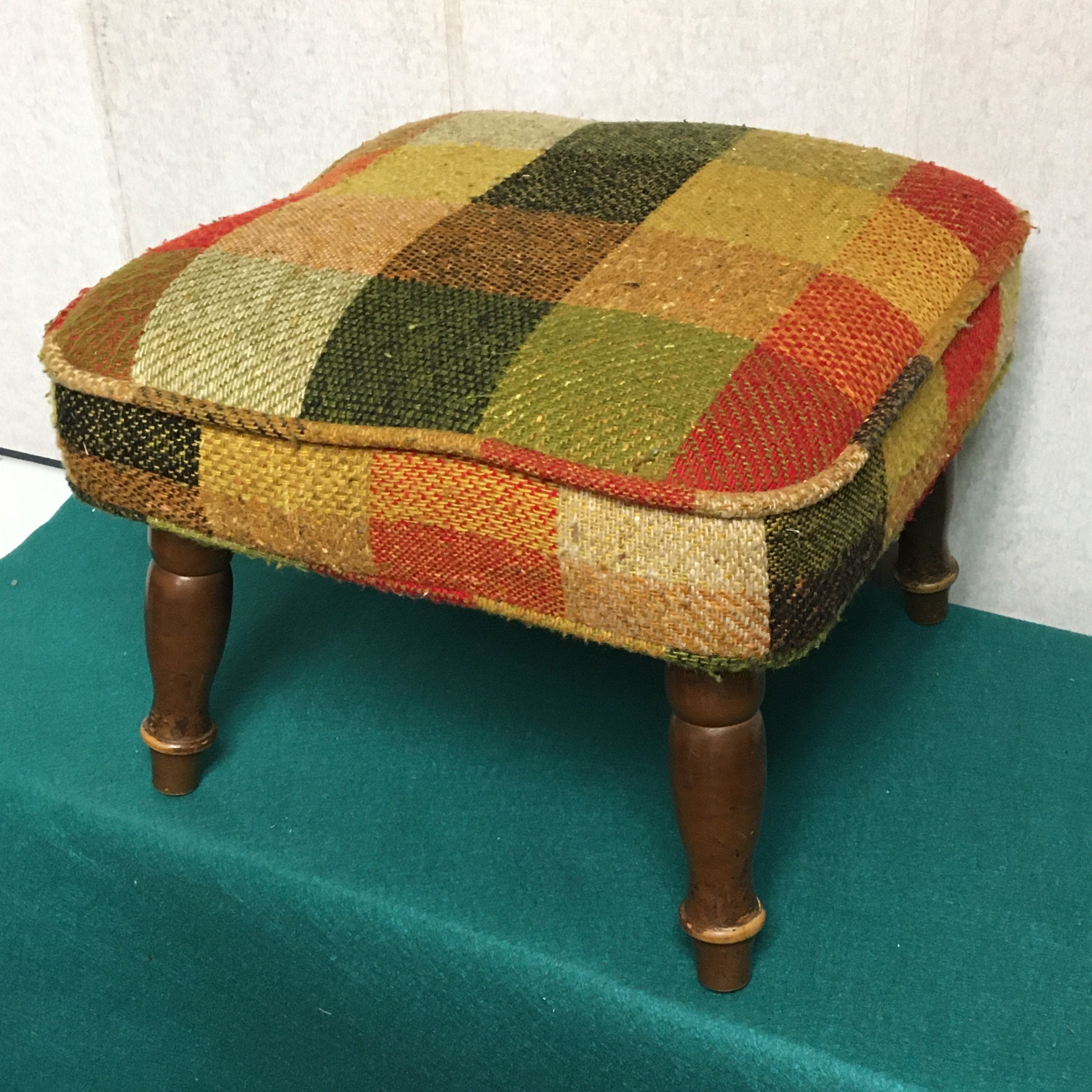 Mid Century Footstool with Upholstered Fabric Top, Plaid Padded Fabric