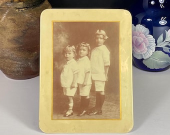 Antique Celluloid on Tin Photo, 3 Young Children, Siblings, 6" Wide, 8" Tall