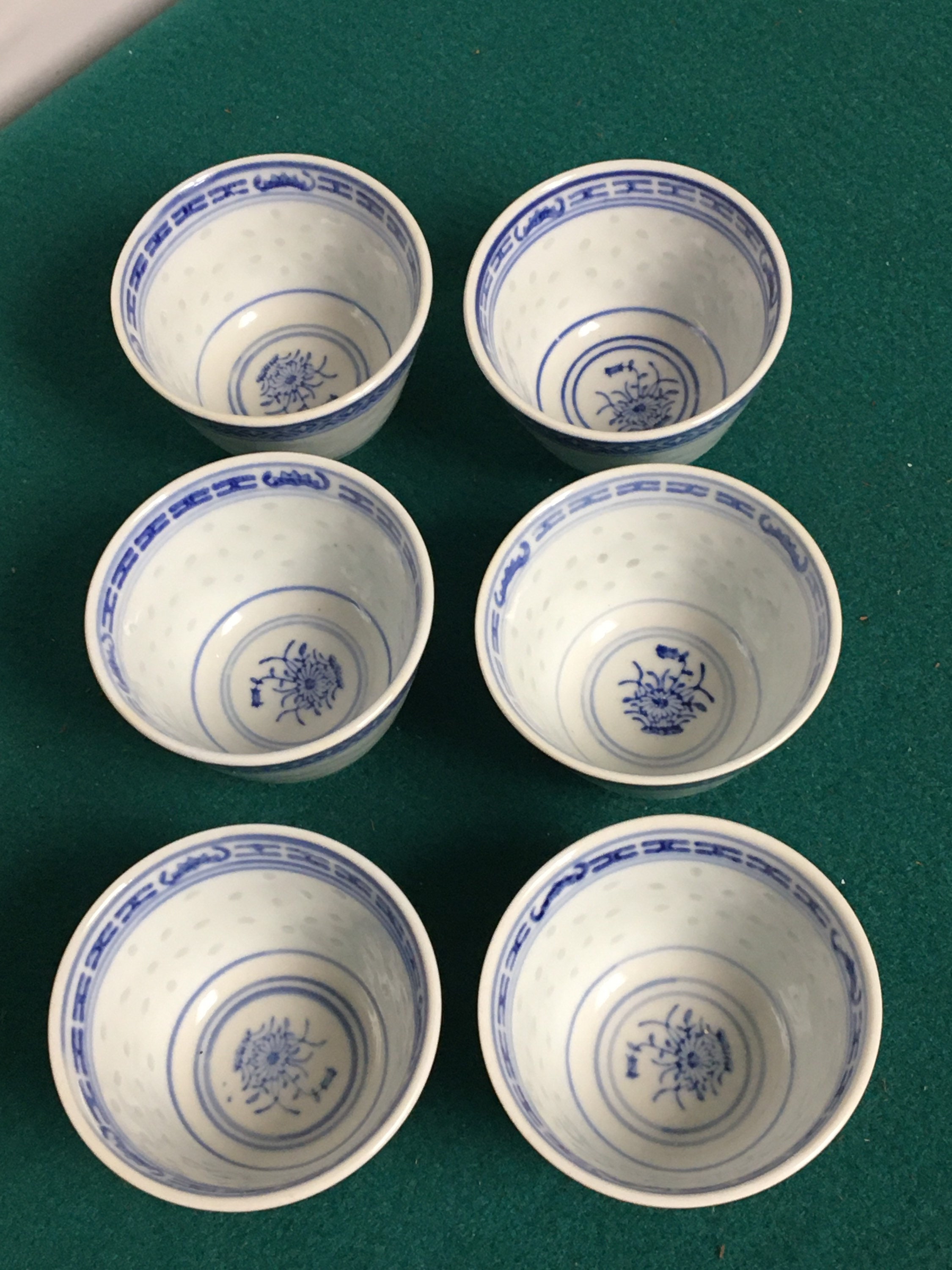 Chinese Rice Grain Porcelain Teapot and Six (6) Cups, JingDeZehn Blue