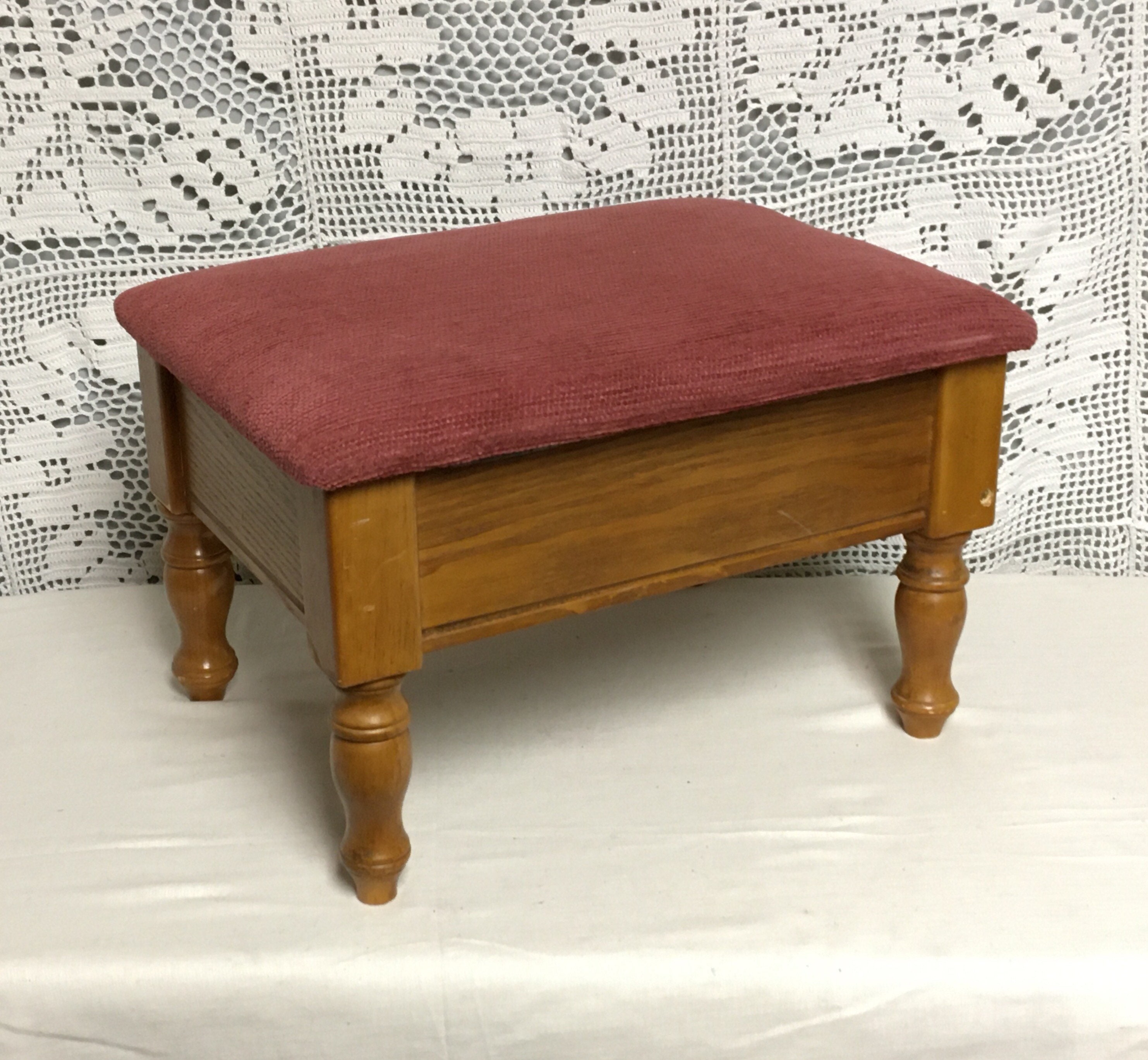Footstool with Storage, Wooden Stool with Padded Fabric Top, Ottoman