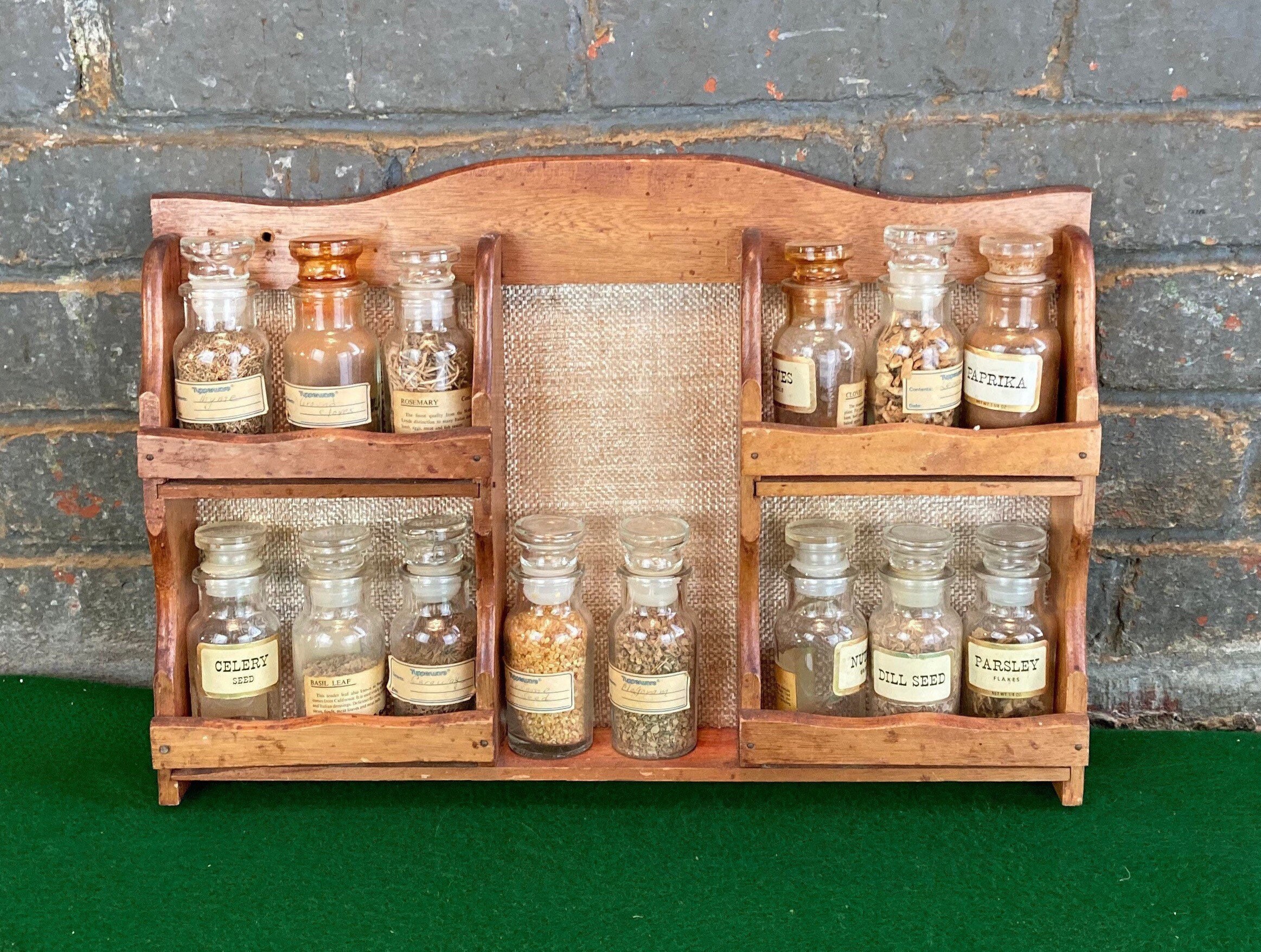 Vintage Wooden Spice Rack with 8 Apothecary Spice Jars Mid Century 1960