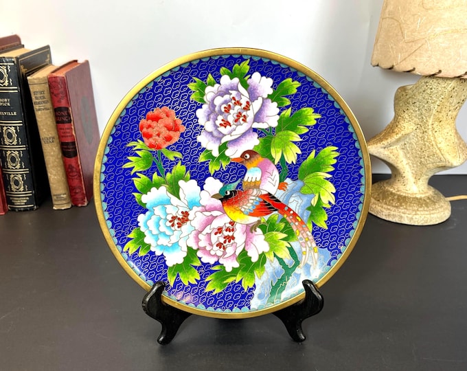 Featured listing image: Chinese Cloisonné Plate, Vibrant Blue with Birds and Flowers