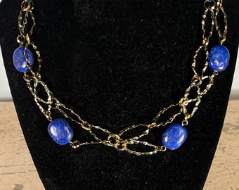 Veronese Gold over Sterling Necklace with Lapis Lazuli Stones, Made in Italy