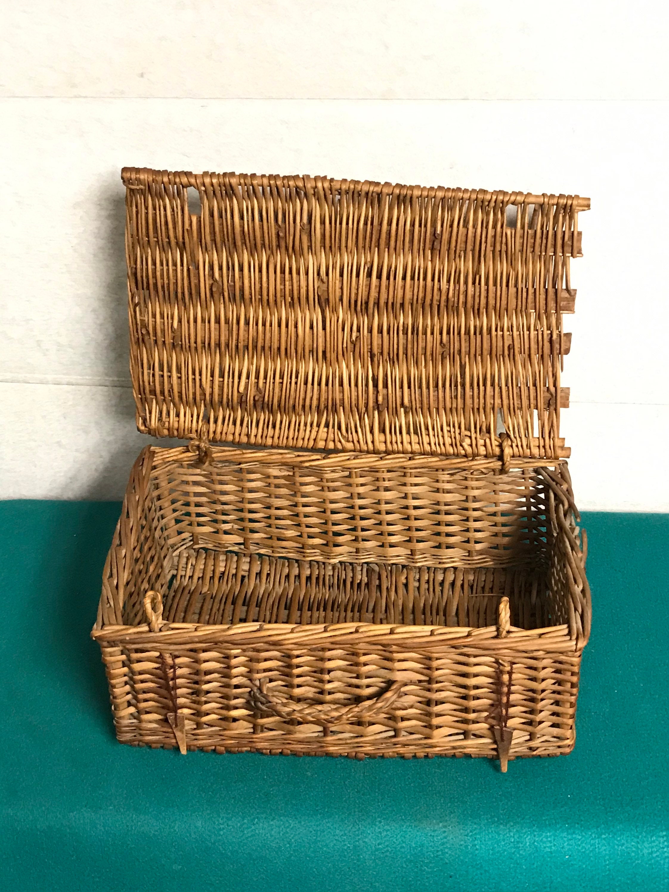 Vintage Rectangular Wicker and Wood Basket With Handel -  Finland